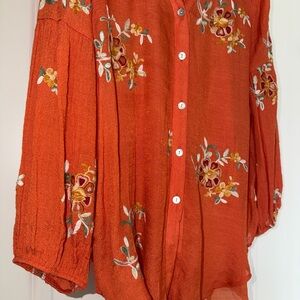 Fig and Flower Embroidered Oversized Top Blouse - Orange - MEDIUM